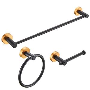 Set di Accessori per Bagno in Alluminio Spesso 3 Pezzi, Portasciugamani Regolabile 16-27 Pollici, Finitura Nero-Oro di Qualità - Product Image 1