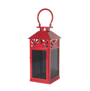 Lanterne à bougie hexagonale suspendue en métal galvanisé rouge, avec anneau de ventilation de toit pagode, poignée et panneaux de verre transparents, pour garniture de fenêtre en arche - Product Image 5