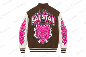 เสื้อแจ็คเก็ตเบสบอลสีน้ำตาลและสีขาวแบบกำหนดเองสำหรับผู้ชาย พร้อมลายปักกราฟิกสีชมพู, เสื้อแจ็คเก็ตบอมเบอร์สไตล์ Letterman สำหรับสตรีทแวร์ ผลิตโดยผู้ผลิตเสื้อแจ็คเก็ตบอมเบอร์ - Product Image 4