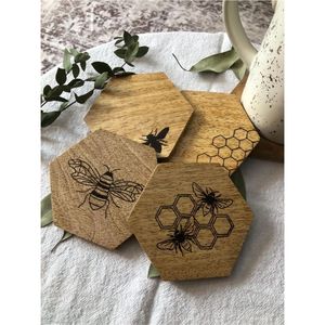 Handcrafted Hexagon Mango Wood <b>Coasters</b> Set, Natural Wood Bee & Honeycomb Laser Engraved <b>Drink</b> <b>Coasters</b> for Home Kitchen - Product Image 1