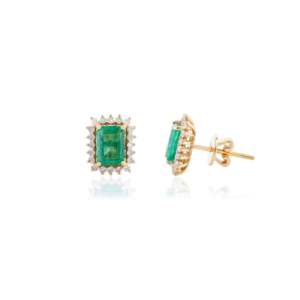 18K Solid Gold Oval Cut <b>Emerald</b> & Diamond Halo <b>Stud</b> <b>Earrings</b> - Product Image 5
