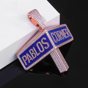 Pendentif Croix de Luxe en Moissanite, Émail Bleu, Design Lettre Sertie de Pierres, Finition Or Rose, Bijou Hip Hop Tendance, Cadeau - Product Image 1