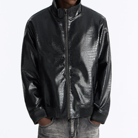 Blouson Bomber en Cuir PU Noir pour Homme, Col Montant, Fermeture Éclair, Motif Crocodile Gaufré, Style Moto, Veste Décontractée