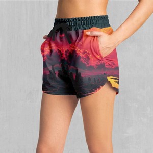 Pantalones cortos estampados para hombre con cordón en la cintura, pantalones cortos informales de secado rápido, patrón de horizonte urbano rojo - Product Image 3