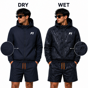 Ensemble short et veste coupe-vent 100 % polyester réactif à l'eau pour homme, avec fermeture éclair, doublure et capuche, design par sublimation - Product Image 1