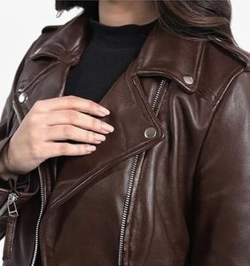 Women's Genuine Leather Motorcycle Jacket Brown Stand Collar <b>Zipper</b> Closure Full Sleeve Biker Style Autumn Wear - Product Image 4