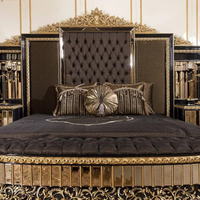 Lit King Size Luxe Personnalisé Noir et Or Royal, Style Antique Européen, Ensemble de Chambre Rembourré en Cuir Capitonnée pour Appartement