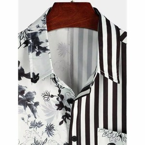 Camisa de Manga Corta para Hombre, Cuello en V, Estampado Geométrico, Corte Holgado, Informal, Tejida, 100% Poliéster, Verde Naranja, con Botones, para Verano - Product Image 6