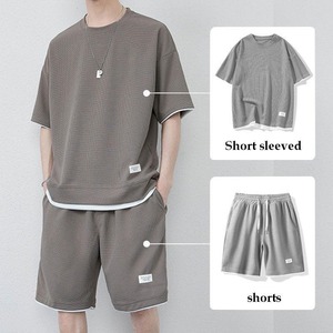 ชุดลำลองผู้ชายฤดูร้อนแบบใหม่ OEM สั่งทำได้ เสื้อยืดแขนสั้นสีพื้น กางเกงขาสั้นรัดเชือก ชุดออกกำลังกาย สตรีทแวร์ ชุดผู้ชาย 2 ชิ้น - Product Image 5