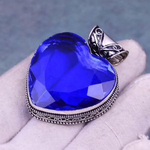 Handcrafted 925 Sterling Silver Blue Heart Gemstone Pendant Large Royal Blue Statement <b>Necklace</b> Wholesale Jewelry - Product Image 3
