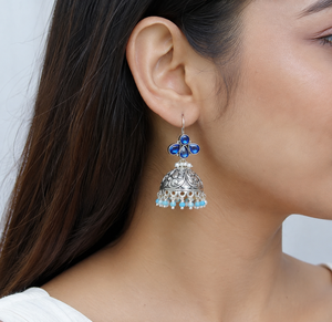 Wholesale Vintage Classic Oxidized <b>Silver</b> Indian Jhumka Drop <b>Earring</b> Sapphire Chalcedony Boho Jewelry Women Direct Factory - Product Image 2