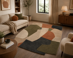 Tapis en laine tufté à la main pour salon, forme irrégulière, mosaïque, tons terreux, olive, terre cuite, style bohème, design personnalisé, OEM - Product Image 2