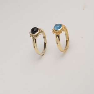 Natural Larimar Ring Gold Tone Beaded Halo Brass Minimal Elegant Handmade Designer Jewelry Delicate Statement Classic MOKU - Product Image 3