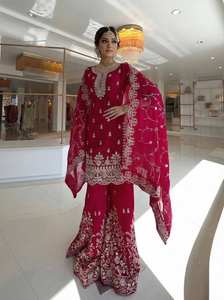 Conjunto de traje palazzo de seda GMY pura con bordado pesado y lentejuelas, mangas largas, listo para usar, atuendo étnico festivo para mujer - Product Image 2