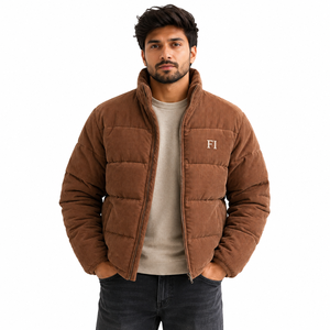 Vestes matelassées en velours côtelé pour hommes avec logo brodé, col montant, fermeture éclair, manteau d'hiver décontracté épais et chaud, vente en gros OEM USA - Product Image 1