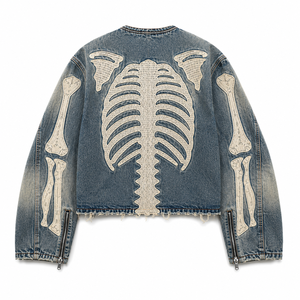 Veste en jean personnalisée pour homme, motif squelette, brodée, patchwork, délavée, effet vieilli, ourlet brut, vintage, zippée, style motard, streetwear Y2K - Product Image 2