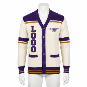 Cardigan en chenille violet personnalisé de haute qualité à col en V et manches longues, en acrylique tricoté, avec rayures côtelées, pour la fraternité Omega - Product Image 1