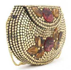 Gold Plated Brass Clutch <b>Bag</b> With Floral Stone Inlay And <b>Studs</b> Decorative Handbag - Product Image 1