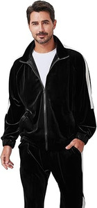 COMFORTABLE CASUAL MEN'S TRACK SUIT | SOLID BLACK VELOUR 2-PIECE OUTFIT | BREATHABLE ZIP JACKET PANTS <b>WHITE</b> <b>PANELING</b> LIGHTWEIGHT - Product Image 3