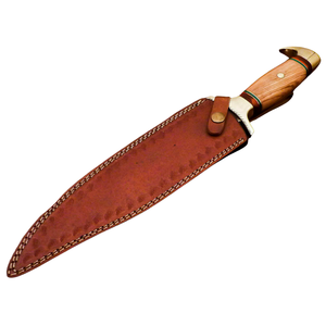Cuchillo de caza Bowie hecho a mano de acero D2 con mango de madera de olivo marrón, hoja fija plateada, funda de cuero, cuchillo para acampar al aire libre - Product Image 2