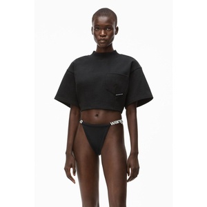 T-shirt court noir surdimensionné personnalisé pour femme en coton épais, coupe carrée, col rond, manches courtes, style streetwear décontracté - Product Image 1