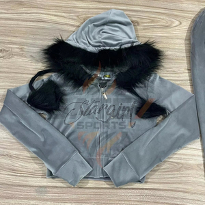 Wholesale <b>Women</b> Rhinestone <b>Velour</b> <b>Tracksuit</b> Zip Up Crop Hoodie With Faux Fur Trim - Product Image 1