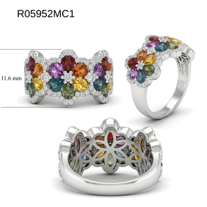 <b>Enchanting</b> 18K Solid White Gold Flower Ring Pear Cut Rainbow Sapphire Cluster Diamond Scalloped Halo Premium Gift For Women - Product Image 5