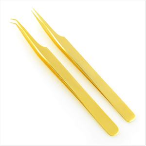 Pinzas de extensión de pestañas doradas con agarre de diamante, punta de fibra de acero inoxidable recta de 90 grados, pestañas perfectas de punta fina afilada - Product Image 2