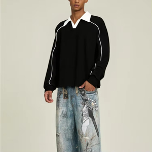 Chemise noire à manches longues pour homme, couleur unie, tricotée, décontractée, col à revers, surpiqûres contrastées, 100 % polyester, écologique - Product Image 1