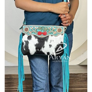 Women's Handcrafted Genuine Cowhide <b>Leather</b> Cherry Motif Fringe Bag Western Style Large Capacity Shoulder Crossbody Travel Bag - Product Image 1