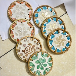 Handwoven Rattan Mother of Pearl Coaster Round Cup Mat for Home Hotel <b>Coffee</b> <b>Table</b> Decor - Product Image 4