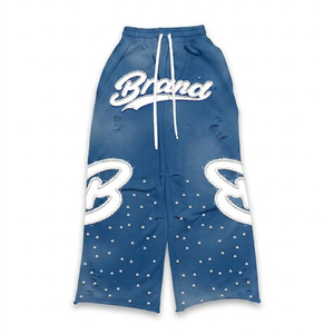 Ensembles de survêtements pour hommes très demandés, comprenant des sweats à capuche zippés épais, vintage, avec patchs et effet pierre, et des pantalons de survêtement à jambe droite, style bling et effet vieilli - Product Image 2
