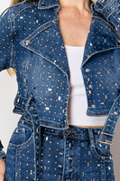 Veste longue en jean bleu ornée de strass pour femme, style vintage, coupe ajustée, avec ceinture et col