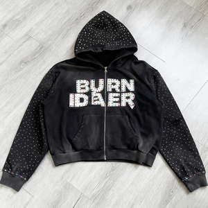 Sudadera con capucha de invierno OEM personalizada de alta calidad, transpirable, con cremallera, estilo vintage, efecto desgastado por el sol, de peso pesado, corte holgado, con lavado ácido y pedrería - Product Image 6