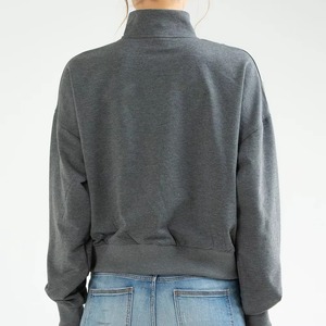 Sweat-shirt gris à col montant et fermeture éclair pour femme, manches longues, en mélange de coton tricoté, couleur unie, respirant, vente en gros, fabricant OEM - Product Image 6