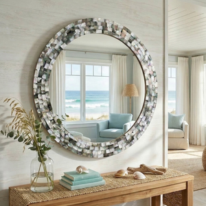 Round Decorative <b>MOP</b> Mirror 19 Inch Mother of Pearl <b>Wall</b> Mirror for Living Room Bedroom Bathroom Luxury Home Interior Accent - Product Image 1