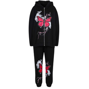 Unisex Black 100% Cotton Breathable Lightweight Hooded <b>Velvet</b> <b>Tracksuit</b> Set Full Sleeve Sporty Style Solid Color Elastic Waist - Product Image 2