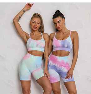 Tie Dye Yoga Set Women 2 Piece <b>Crop</b> <b>Top</b> <b>Shorts</b> High Waist Crisscross Straps Gradient Color Spandex Polyester Fitness Wear - Product Image 6