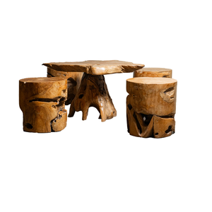 Juego de Mesa de Raíz de Teca Rústica de Lujo ARTERRA con Taburetes de Madera Natural - Muebles para Sala de Estar - Product Image 1