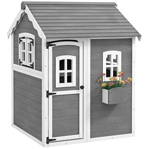 Casetta esterna in legno con pavimenti porte finestre per bambini di età compresa tra 3 e 8 anni per il cortile o il giardino include la scatola fioriera - Product Image 1
