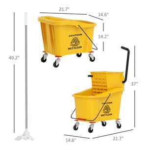 Seau à serpillière jaune de 38 litres avec poignée et essoreuse à pression sur roulettes, chariot de nettoyage en plastique PP - Product Image 3