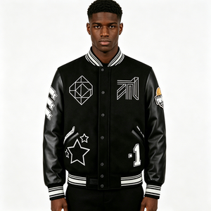 Blouson Bomber Oversize Homme Personnalisé en Mélange de Laine avec Broderies, Bordures Côtelées Rayées et Manches en Similicuir – Style Streetwear - Product Image 3