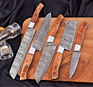 Juego de Cuchillos de Chef de Acero de Damasco de Alta Calidad, 5 Piezas, OEM/ODM, Personalizables, Hojas con Borde Biselado y Punta Caída, Mangos de Madera de Olivo, 3 Años de Garantía - Product Image 3