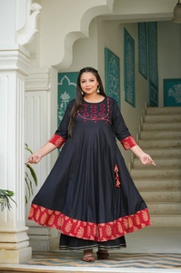 Women's Plus Size Rayon Angrakha Kurta Black SOLID <b>Sequin</b> Work Mandarin Collar Three Quarter Sleeves Comfortable Wear - Product Image 2