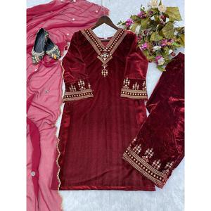 BRODERIE DE SÉQUENCE DE VELOURS À LA MODE AVEC UN VÉRITABLE PANTALON DE TRAVAIL MIROIR AVEC DUPATTA MAROON - Product Image 1