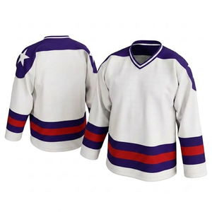 High Quality Custom Sublimated Printed White Ice Hockey Jersey Red Darkpurple <b>Stripping</b> Breathable Mesh <b>Fabric</b> Lightweight - Product Image 1
