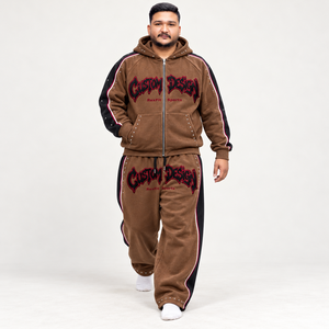 Ensemble de survêtement personnalisé pour homme, avec sweat à capuche zippé en polaire et pantalon de survêtement large, détails en strass, style streetwear, hiver, deux pièces - Product Image 3