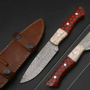 Cuchillo de Hoja Fija de Acero de Damasco, Espiga Completa, para Caza y Desollado, OEM, Industrial, para Camping y Exteriores, con Funda - Product Image 1