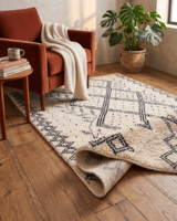 DECORDEC Tapis shag géométrique botanique ivoire et bleu marine à motifs de feuilles, franges, écologique, antidérapant, en laine tuftée à la main, à poils épais pour