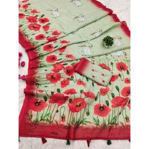 SIGNER LIN IMPRESSION NUMÉRIQUE TRAVAIL SAREE AVEC BOLUSE NON COUDU PISTA - Product Image 1